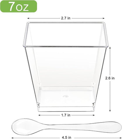Zezzxu 3 oz Square Mini Dessert Cups with Spoons - 50 Pack Plastic Pudding & Parfait Cups Party Dessert Shooters for Serving Trifle Mousse Cake Appetizers