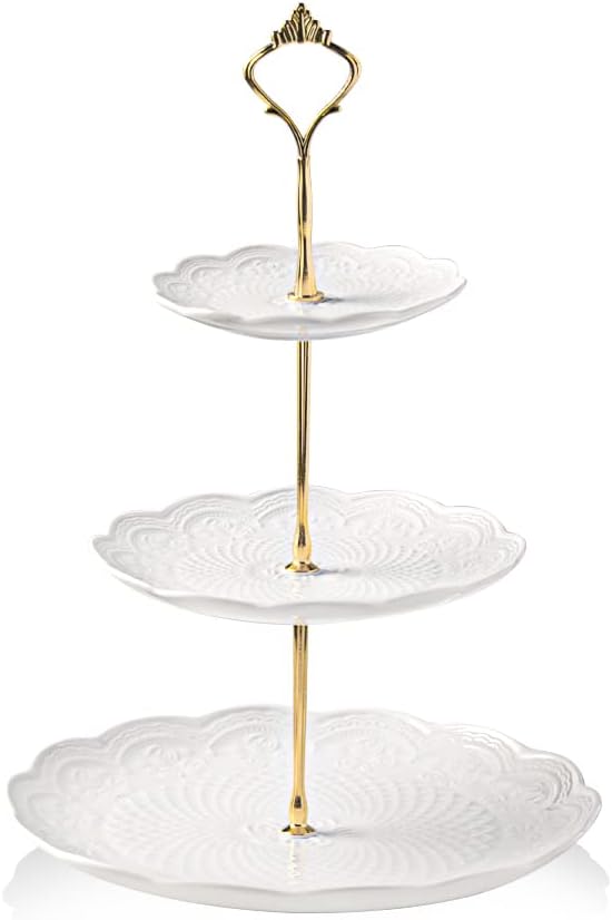 Sweejar 3 Tier Ceramic Cake Stand Wedding, Dessert Cupcake Stand for Tea Party Serving Platter (White)