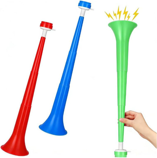 Collapsible Stadium Horns, 3 Pack 24 Inch Telescopic Plastic Noisemakers in Red Blue Green, Emergency Safety Signal, Party Sports Events Cheering