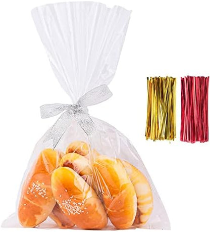Cello Cellophane Treat Bags,5x7 Inches Clear Cellophane Bags 200 Pcs OPP Plastic Treat Bags with 200 Twist Ties for Gift Wrapping,Packaging Candies,Dessert,Bakery, Cookies, Chocolate,Party Favor
