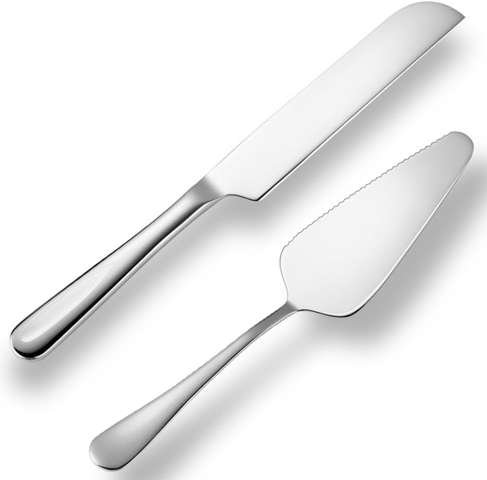Wedding Cake Knife and Server Set Silver,Stainless Steel Cake Cutting Set,2Pcs Include Cake Cutter And Cake Server for Wedding, Birthday, Parties and anniversary, Dishwasher Safe