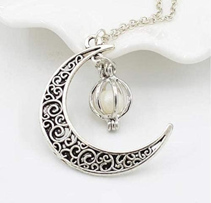 Glow in The Dark Silver Crescent Moon and Orb Necklace - Glowing Blue Moon Charm - Magical Fantasy Fairy Glowing Necklace - Glow Jewelry (blue-green)