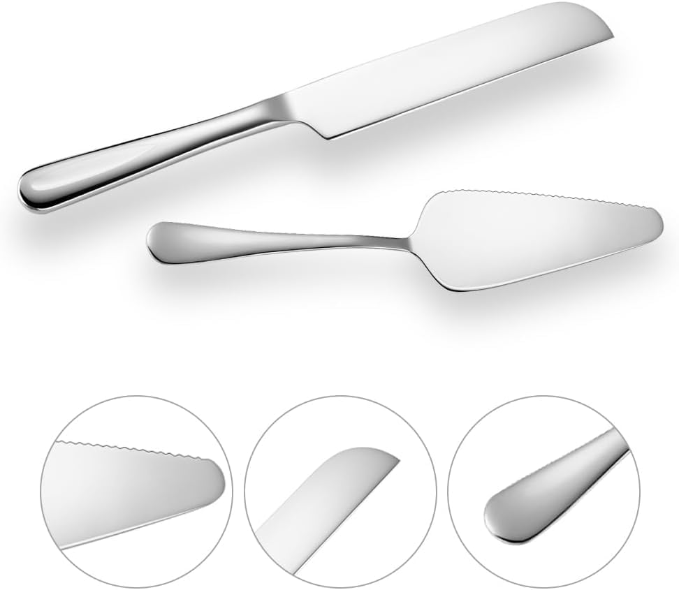 Cake Knife and Server Set Silver Wedding Cake Server and Knife Set with 10.63" Cake Knife and 8.86" Pie Server Stainless Steel Cake Cutting Set for Weddings, Parties and Anniversaries