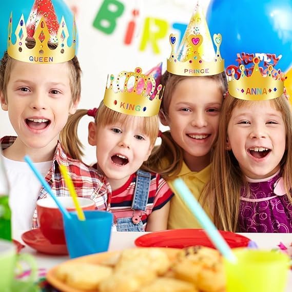 12 pcs Paper Crowns, Birthday Crowns Craft to Decorate with 8 Sheets Gem Jewels Number Letter Stickers, Gold Paper Prince Princess Hats for Party Favor Supplies