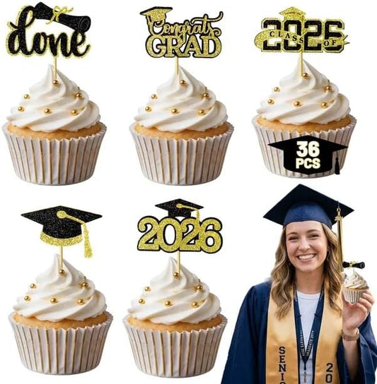 Graduation Decorations 2026 Cupcake Toppers, 36 Pcs Black & Gold Glitter Cap & Diploma Class of 2026 Cake Topper, Cake Picks & Toppers for Congrats Grad Party Decor Supplies