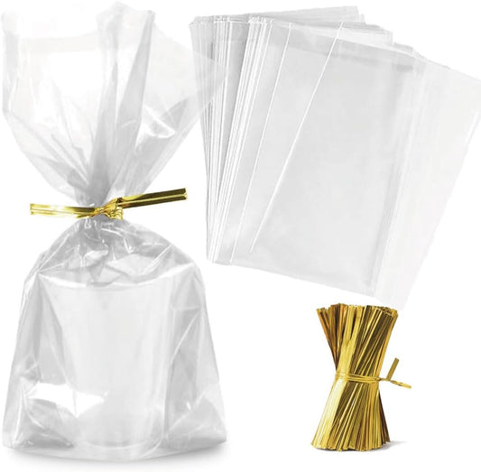 Zcintert Clear Cello Cellophane Treat Bags, 100 Pcs - 7.9" x 11" (2mils), Plastic Gift Bags for Candy, Party Favor, Cookies, Candies Packaging, with 4” Twist Ties