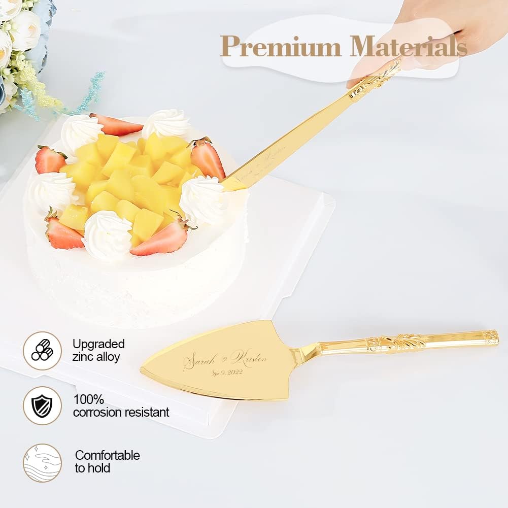 Cake Cutting Set for Wedding, Personalized Gold Cake Knife and Server Set, Custom Cake Serving Set, Engraved Pastry Pie Server Cake Pizza Cutter, Birthday Bridal Gift (F-Classic)