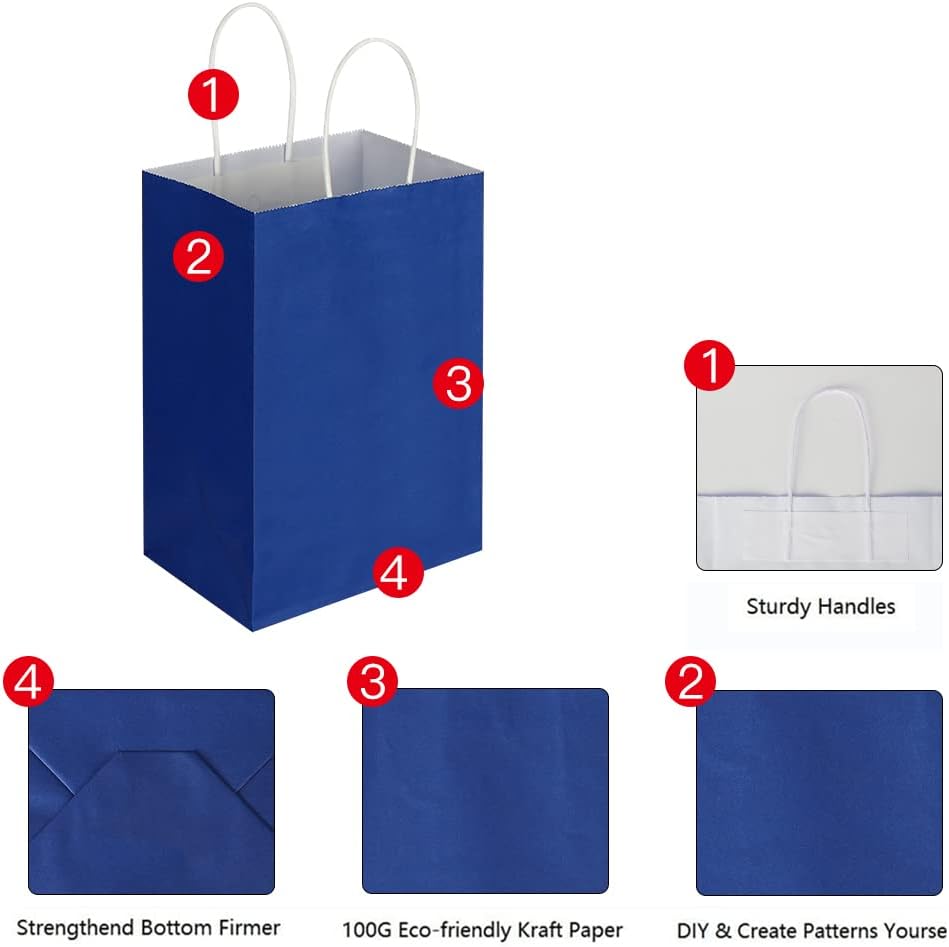 Oikss 100 Pack 5.25x3.25x8.25 Inch Small White Kraft Paper Bags with Handles Bulk for Birthday Wedding Party Favors Grocery Retail Shopping Business Goody Craft Gift Bags Cub Sacks (100pcs Count)
