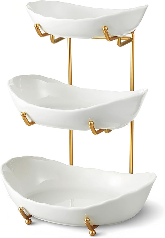 Ceramic Fruit Bowl for Kitchen Counter - 3 Tier Fruit Basket with Metal Stand, Tiered Fruit Stand for Countertop, Snack, Nuts, Cake, Dessert, Cute (Gold, Small) 1