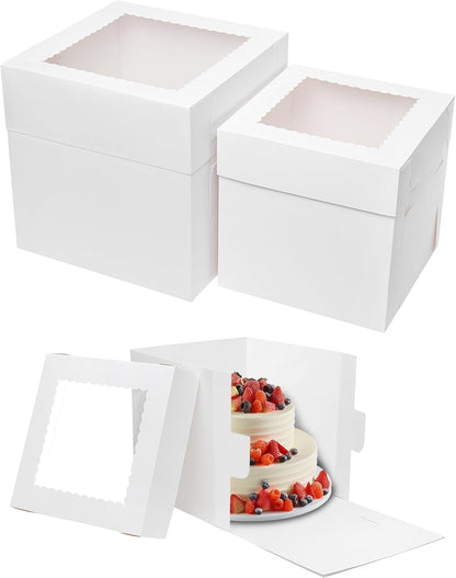 Mefleet 16pcs Cake Boxes 2 Sizes 12x12x12 10x10x10 Inches Tall Cake Boxes with Window for Tier Baking Disposable Bakery Containers with Lids White Large Cardboard Take Out Carrier for Wedding, Party