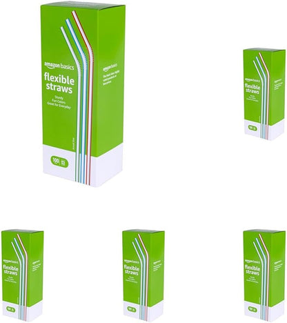 Amazon Basics Disposable Striped Plastic Flex Straws, BPA Free, Food-Safe, 7.5" Long, Assorted Colors, 100 Count