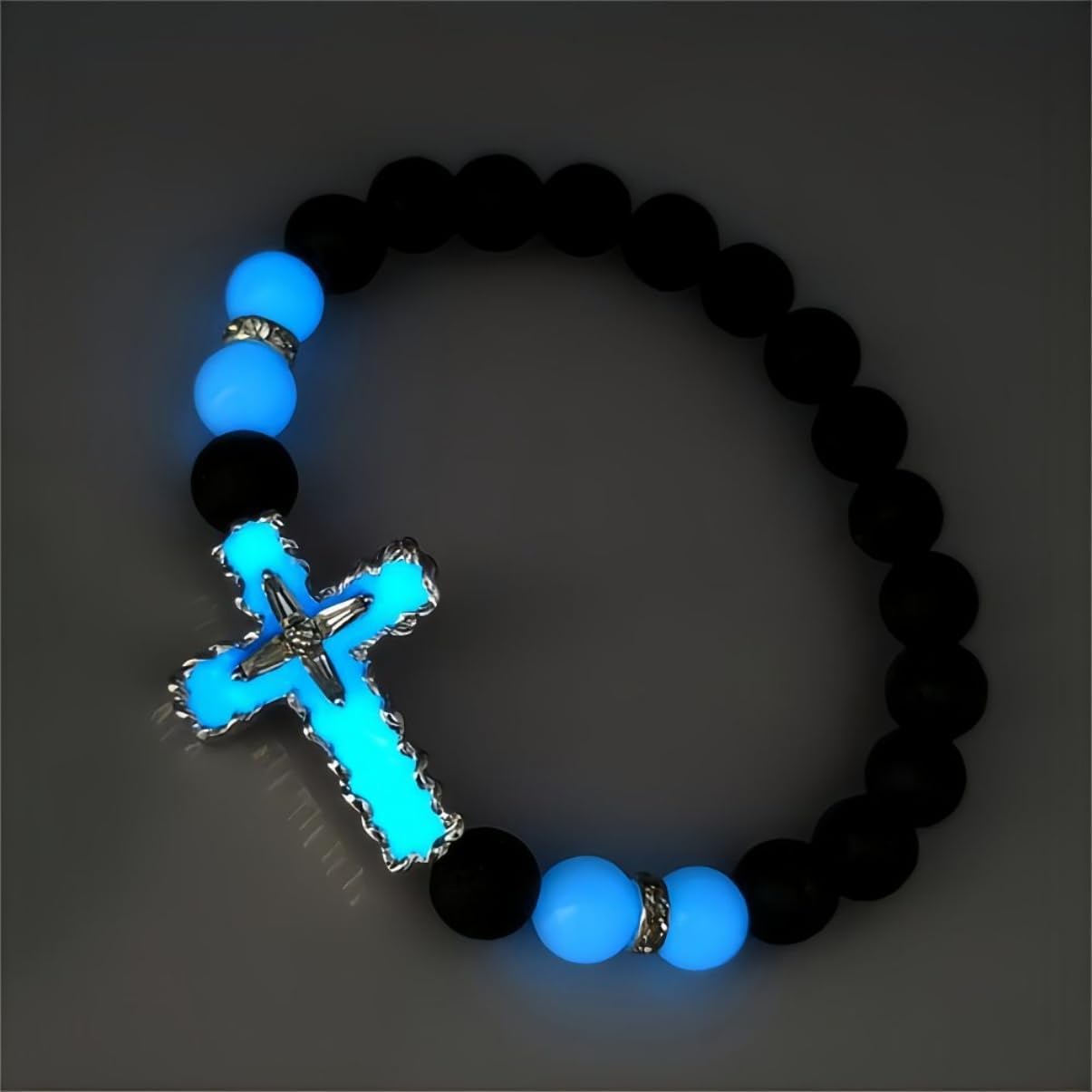 8mm Natural Volcanic Stone Bracelets for Men,Luminous Cross Bracelets,Healing Crystal Elastic Stretch Beads Bracelet,Religion Holy Communion Bracelet for Women