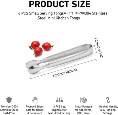 6 PCS Small Serving Tongs,Silver 4.2 Inch Kitchen Utensils for Appetizers, BBQ, Salad, Coffee Bar, Multi-Purpose 304 Stainless Steel Mini Tongs for Party & Catering Essential