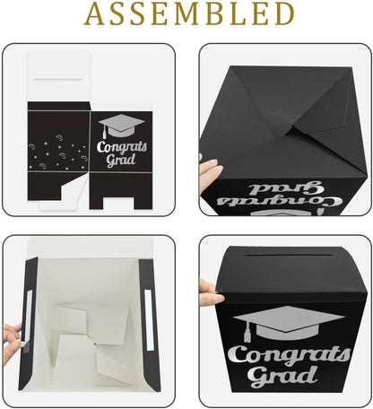 Graduation Card Box Holder, Congrats Grad Foldable Cardboard Decorations Box for Graduation Party Decoration and Grad Parties (Black)