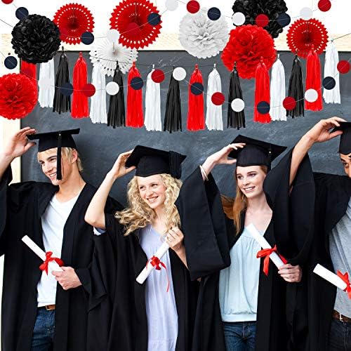 WILLBOND 29 Pcs Red and Black Decorations Paper Decoration Fan Pom Pom Honeycomb Flower Tissue Tassel Garland Theme Party Supplies for Graduation Birthday(White, Red, Black)