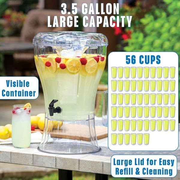 Buddeez Clear Drink 3.5 Gallon Plastic Beverage, Comes with Stand, Spigot, Ice Cone, Large Punch Dispenser for Parties