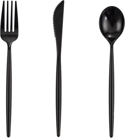 Supernal 180pcs Black Plastic Silverware Set - Heavy Duty Disposable Utensils (60 Forks, 60 Knives, 60 Spoons) - Elegant Black Cutlery for Parties, Weddings & BBQ