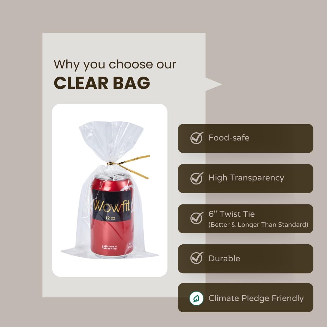 Wowfit 100 CT 6x10 Inch Clear Flat Cellophane Treat Bags with 6” Gold Twist Ties, Cello Packaging for Gift Wrapping, Decorations, and Food Storage