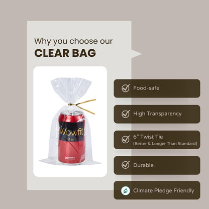 Wowfit 100 CT 6x10 Inch Clear Flat Cellophane Treat Bags with 6” Gold Twist Ties, Cello Packaging for Gift Wrapping, Decorations, and Food Storage