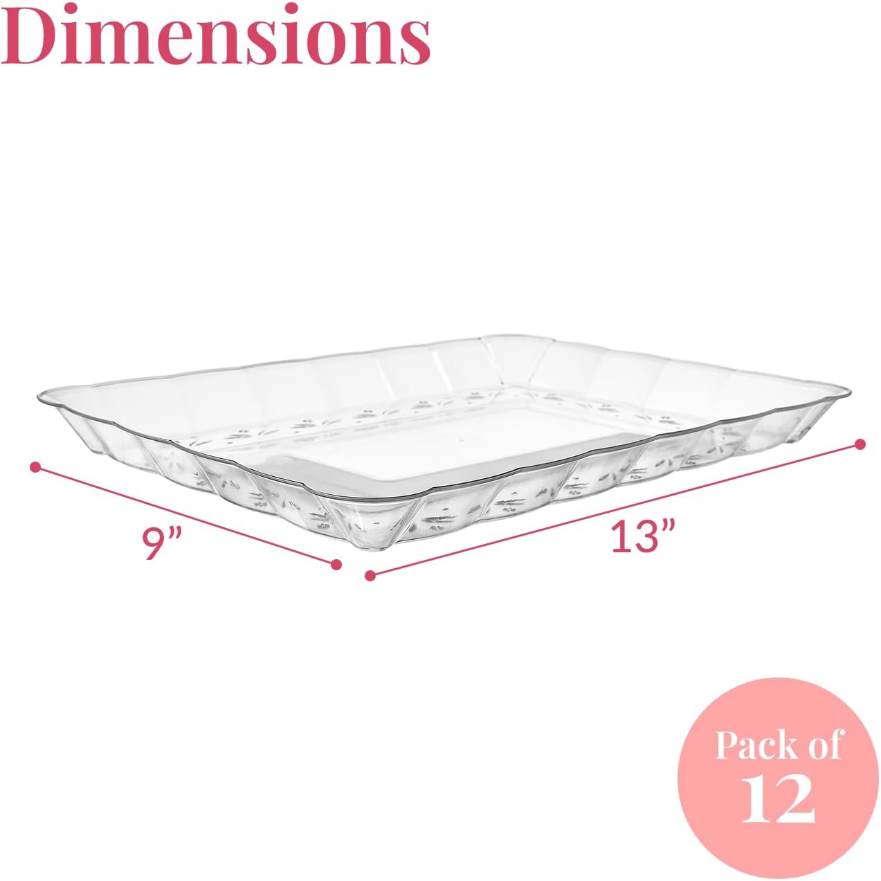 Prestee 12-Pack Serving Tray - 9x13 Inches Disposable Rectangular Plastic Food Tray for Parties and Events - Clear Platters for Dessert Table Displays, Appetizers, Snacks, and More