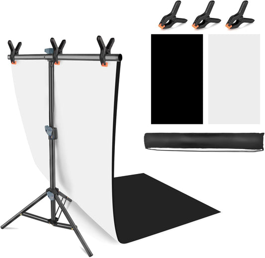White Backdrop with Stand for Photoshoot, 5X6.5ft White Photo Backdrop with T Shape Background Backdrop Stand for Photography, Portable Photo Backdrop Curtain Stand Kit w Carrying Bag 5 Spring Clamps