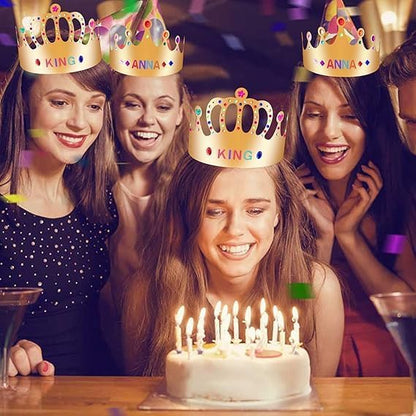 12 pcs Paper Crowns, Birthday Crowns Craft to Decorate with 8 Sheets Gem Jewels Number Letter Stickers, Gold Paper Prince Princess Hats for Party Favor Supplies