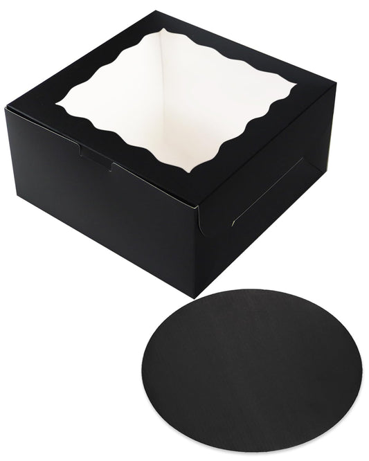 qiqee 12x12x6 Cake Box, 18 Sets Pink Cake Box with Window ＆ 18 Sets 8" Cake Round Boards, 8inch Cake Containers, 10 Meters Silk Ribbon