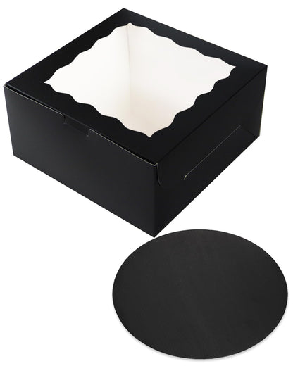 qiqee 10x10x5 Cake Box, 4 Sets Pink Cake Box with Window ＆ 4 Sets 10" Pink Cake Round Boards, 10inch Cake Containers