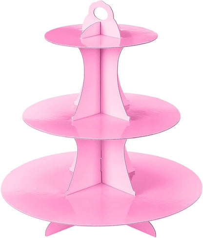YLDW Cupcake Stand, 3-Tier Cupcake Stand Display, Cardboard Cup Cake Tower Stand, Disposable Dessert Stand for Birthday Tea Party Baby Shower Treat Decorations, Pink