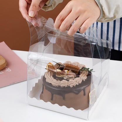 10Pcs Clear Cake Boxes with 10 Stickers and 1 Roll Ribbon,5.5X5.5 Inch Transparent Bakery Boxes Mini Cake Boxes Plastic Cupcake Candy Display Boxes for Home Wedding Birthday Party Baby Shower Favors