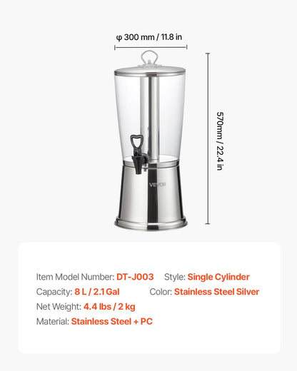 VEVOR Beverage Dispenser, 2.1 Gallon x 2 Drink Dispenser for Parties, Stainless Steel + Plastic Juice Dispensers with Spigot Ice Chamber Tray, Iced Tea Lemonade Dispensers, for Restaurants, Hotels