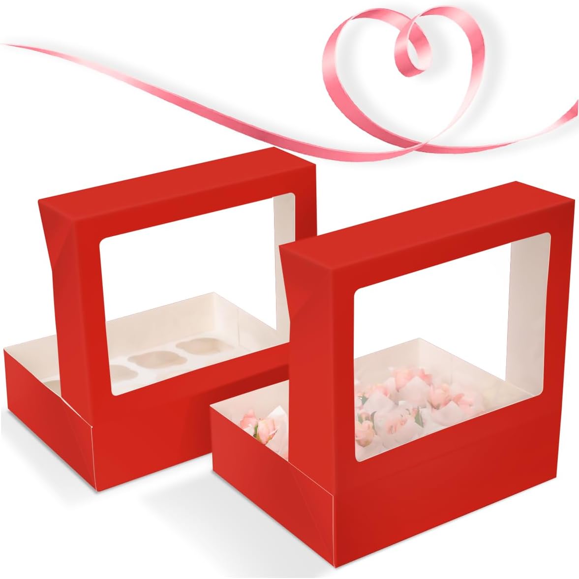 Bakepacker Auto-pop Up Cupcake Boxes with Window White 20PCS 12 Count Cupcake Box 13"x10"x3.5" Cupcakes Carrier, 12 Cupcake Containers with rolls of pink ribbons