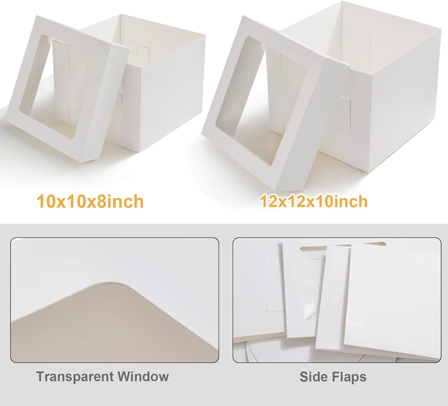 10 Pcs 12x12x10 10x10x8 Cake Boxes Set (5 Boxes & 5 Boards) with Windows Large in 2 Sizes Tall Bakery Boxes Disposable Carrier Take Out Container, Boxes in 2 Tier for Valentine's Day