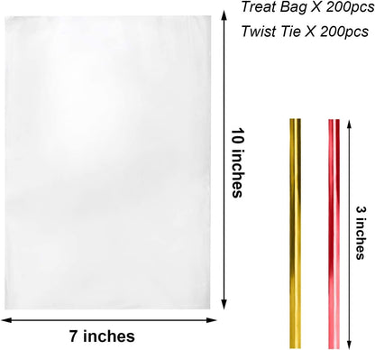 Cello Cellophane Treat Bags,5x7 Inches Clear Cellophane Bags 200 Pcs OPP Plastic Treat Bags with 200 Twist Ties for Gift Wrapping,Packaging Candies,Dessert,Bakery, Cookies, Chocolate,Party Favor