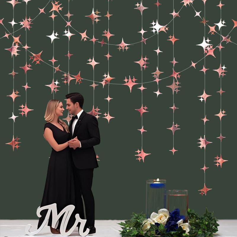 Glitter Gold Four-Angle Star Paper Garland Banner Décor 40 Feet Gold Twinkle Star Hanging Bunting Banner Backdrop for Wedding Baby Shower Birthday Graduation Disco Party Decorations