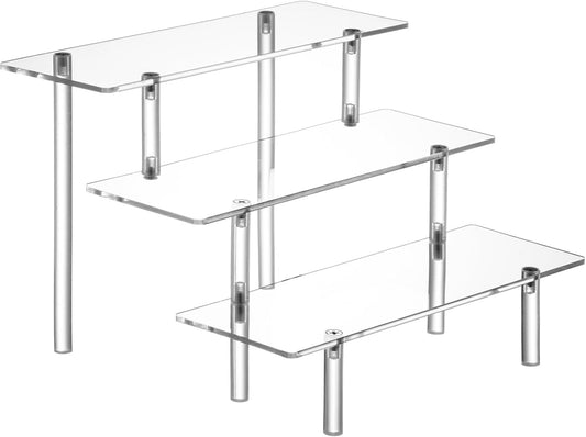 HENABLE Large Acrylic Display Risers, Perfume Stand Organizer, Clear Acrylic Shelf Risers for Display Stands for Food, Tabletop Use, Amiibo Funko POP Figure, 3 Tier Clear Cupcake Stand Risers