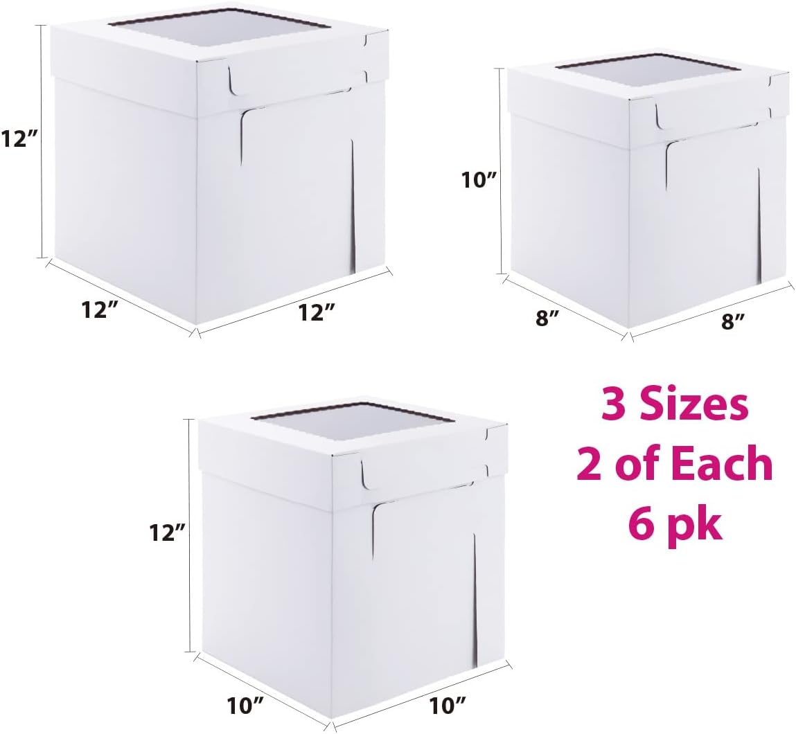 Tall Cake Boxes for Tier Cakes,3 Sizes 6 Pack 8x8x10,10x10x12 and 12x12x12Inch,Sturdy White Tall Cake Box Shipping in 8 10 12 Inch 2 3 Tier for Wedding Layer Tiered Cakes