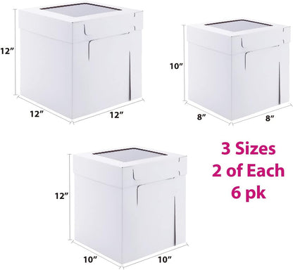 Tall Cake Boxes for Tier Cakes,3 Sizes 6 Pack 8x8x10,10x10x12 and 12x12x12Inch,Sturdy White Tall Cake Box Shipping in 8 10 12 Inch 2 3 Tier for Wedding Layer Tiered Cakes