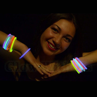 Glow Sticks Bracelets Bulk Wholesale, 100 8” Yellow Glow Bracelets, Bright Color, Glow 8-12 Hrs, 100 Connectors Included, Glow Party Favor Supplies, Sturdy Packaging, Great Fun.