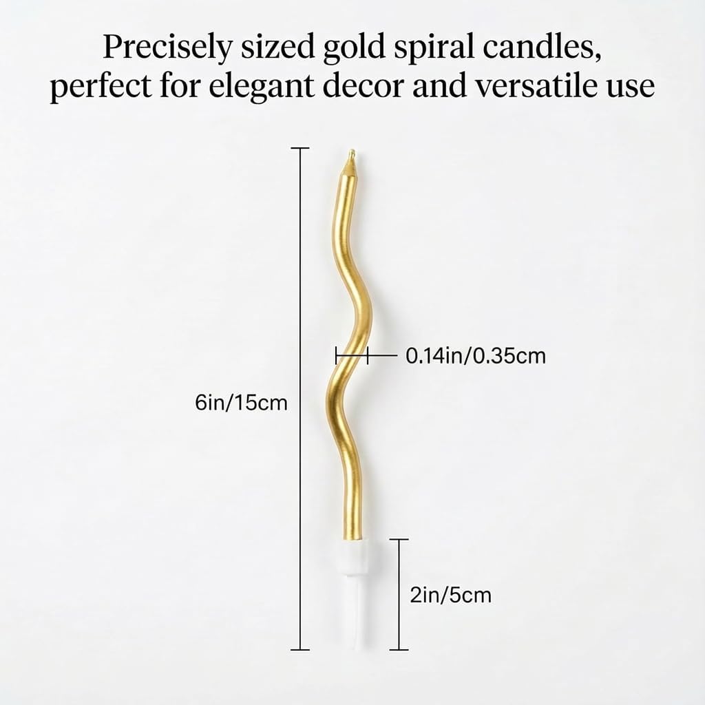 12-Count Spiral Birthday Candles, Long Twisty Gold Party Candles with Candle Holders, Long Burning for Weddings, Birthdays, Party Decorations, Cupcakes, Anniversary and Meetups (Gold)