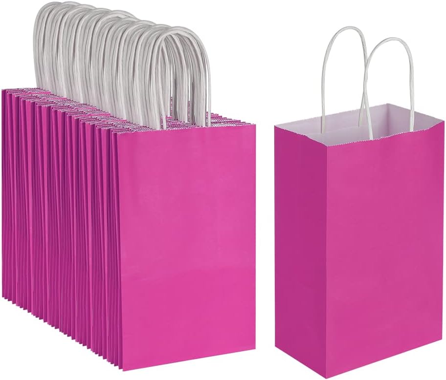 Oikss 100 Pack 5.25x3.25x8.25 Inch Small White Kraft Paper Bags with Handles Bulk for Birthday Wedding Party Favors Grocery Retail Shopping Business Goody Craft Gift Bags Cub Sacks (100pcs Count)