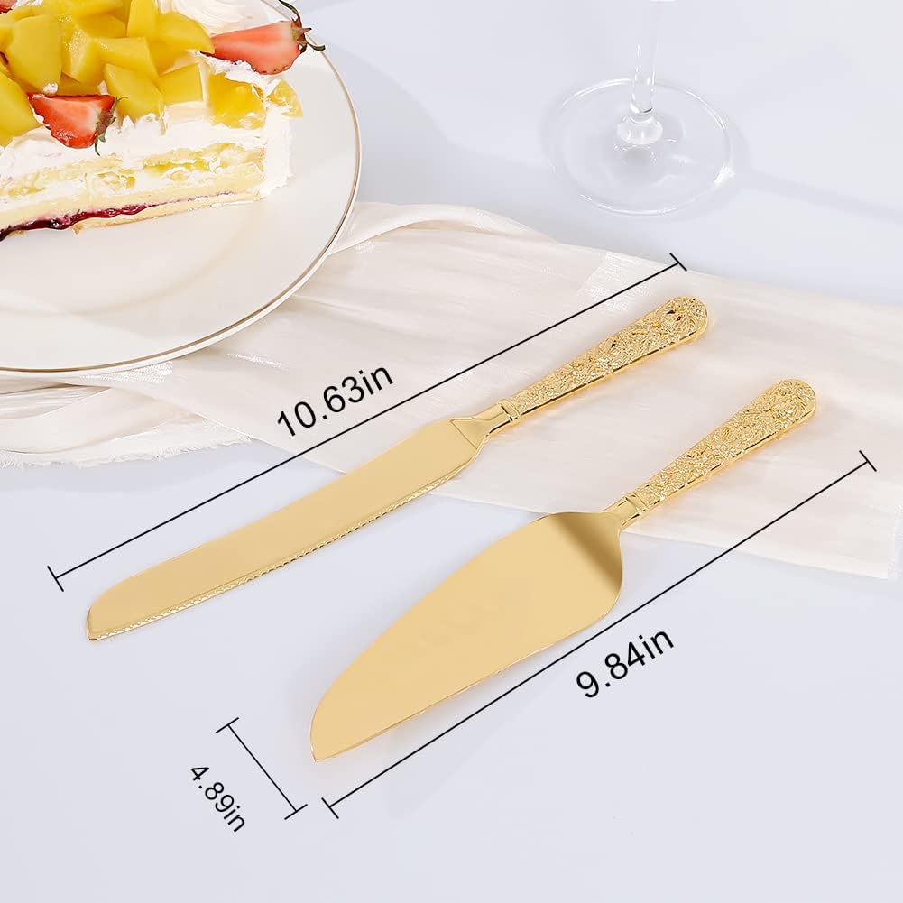 Wedding Cake Knife and Server Set, Personalized Gold Cake Cutting Set for Wedding, Engraved Classic Cake Knives Cutter Set, Pie Server, Birthday Bridal Quinceañera Gift (CUS-Flower)