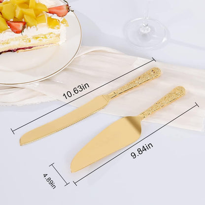 Wedding Cake Knife and Server Set, Personalized Gold Cake Cutting Set for Wedding, Engraved Classic Cake Knives Cutter Set, Pie Server, Birthday Bridal Quinceañera Gift (CUS-Flower)