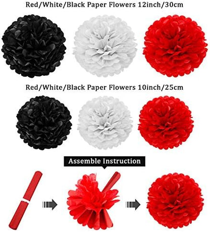 WILLBOND 29 Pcs Red and Black Decorations Paper Decoration Fan Pom Pom Honeycomb Flower Tissue Tassel Garland Theme Party Supplies for Graduation Birthday(White, Red, Black)