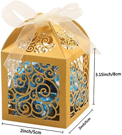 KPOSIYA 100 Pack Wedding Favor Boxes Laser Cut Boxes Party Favor Box Small Gift Boxes Lace Candy Boxes for Wedding Bridal Shower Baby Shower Birthday Party Anniverary with Ribbons (Pink, 100)