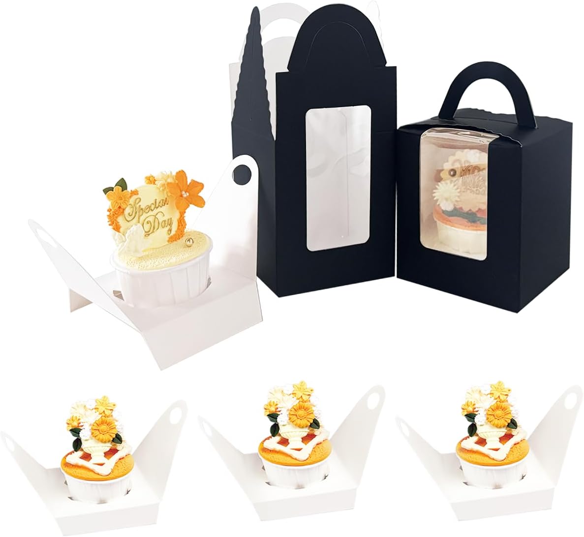 Bakepacker Auto-pop up Individual Cupcake Boxes with Window 60 Count Brown Single Cupcakes Box 3.7 x 3.7 x 4.3inch Cupcake Carrier