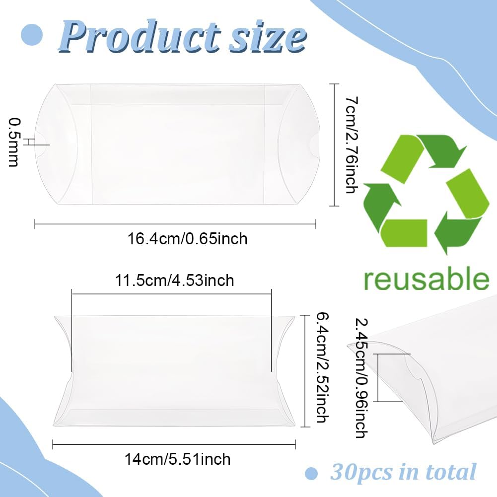 BENECREAT 30 Packs Clear Plastic Pillow Favor Box Candy Treat Gift Box for Wedding Party Favor, Mother's Day Festival Gift Packaging, Over Size - 4.5x2.5x1 inch