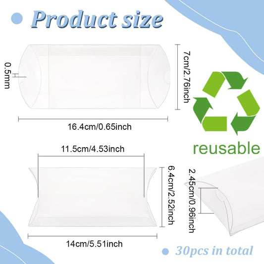 BENECREAT 30 Packs Clear Plastic Pillow Favor Box Candy Treat Gift Box for Wedding Party Favor, Mother's Day Festival Gift Packaging, Over Size - 4.5x2.5x1 inch