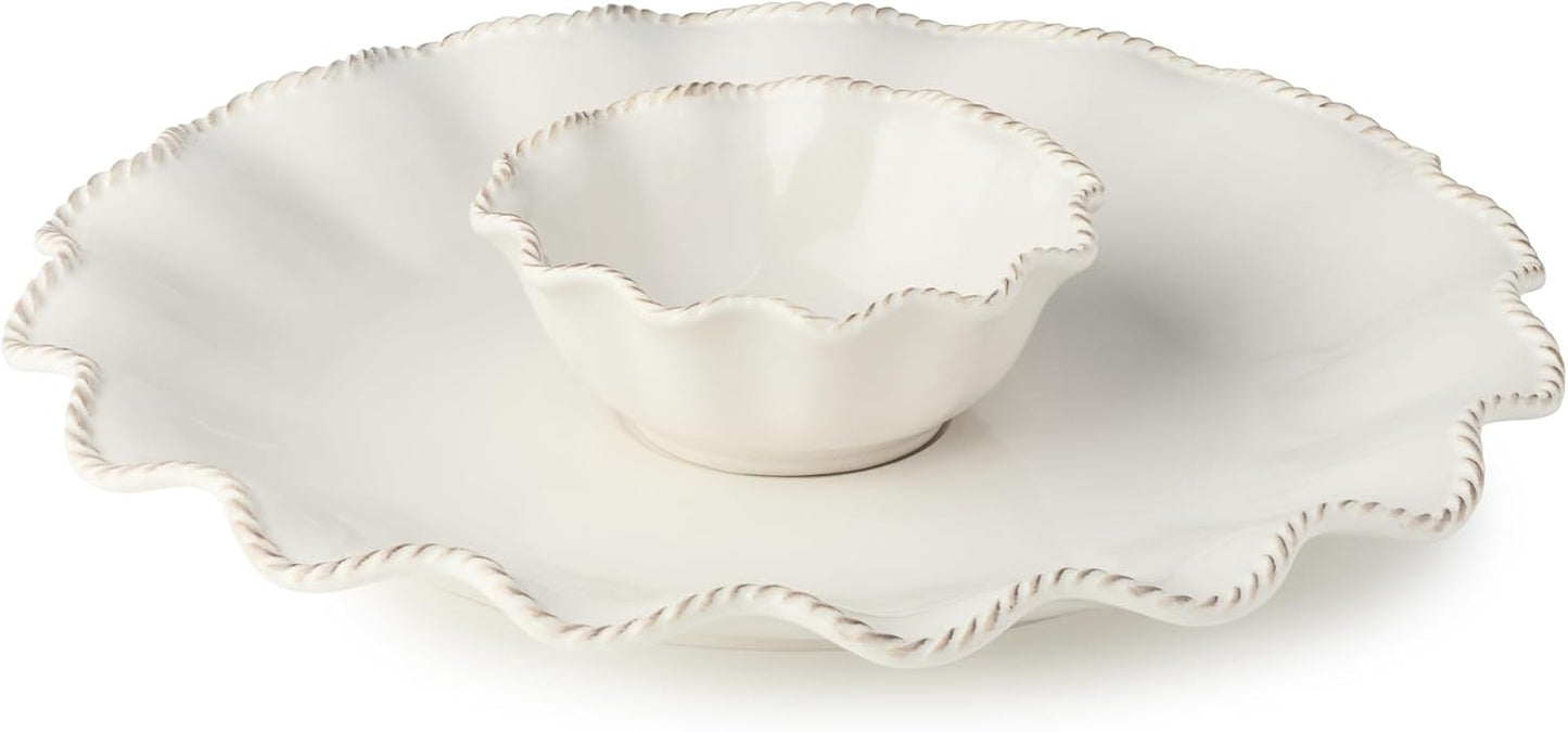 Heritage Ivory Stoneware Chip & Dip Set, 2-Piece – 15” Scalloped Serving Platter with 6” Dip Bowl (14oz) – Elegant Ripple-Edge Design for Entertaining, Snacks, & Appetizers
