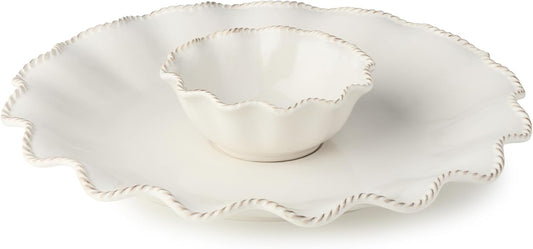 Heritage Ivory Stoneware Chip & Dip Set, 2-Piece – 15” Scalloped Serving Platter with 6” Dip Bowl (14oz) – Elegant Ripple-Edge Design for Entertaining, Snacks, & Appetizers